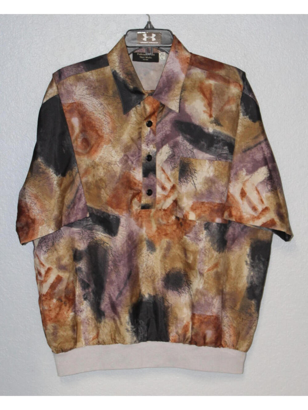 Vintage Fulton Street Banded Polo Men Shirt LARGE Tan Abstract Geometric Print